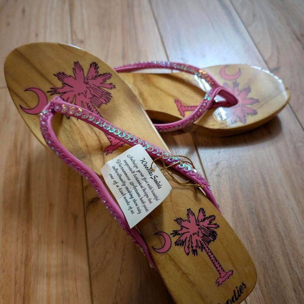 NWT Mint Vintage Y2K Woodies SC Palmetto Moon Wooden Wedge Sandals Size 9 Pink